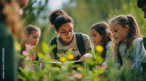 A focused young woman guides a group of children in an outdoor learning environment surrounded by vibrant flowers.  photo