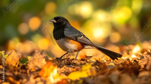 Eastern Towhee (Pipilo erythrophthalmus) scratching in the leaf litter on the forest floor, with dappled sunlight filtering through the canopy above.. A vibrant eastern towhee bird perched amidst colo photo