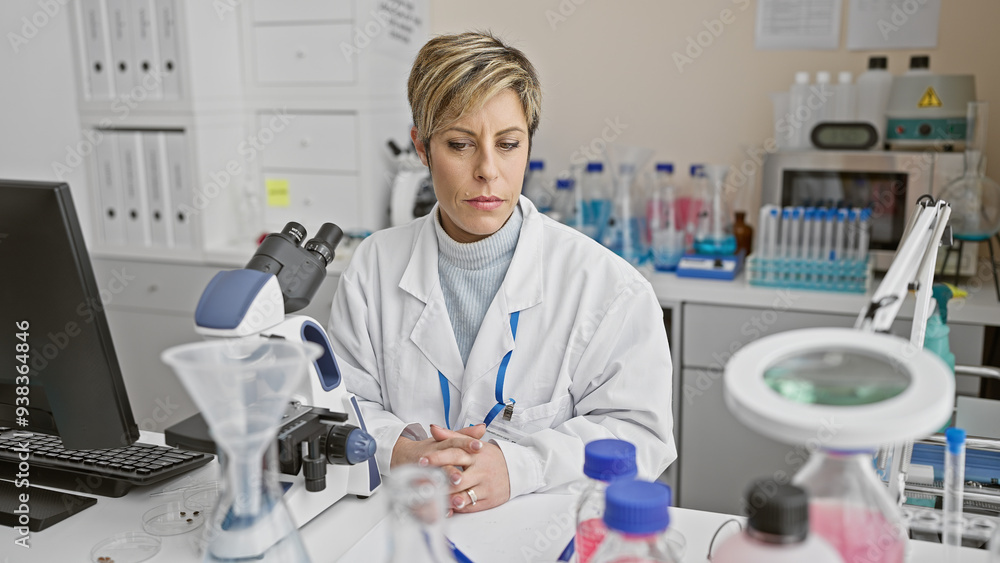 A focused woman scientist with short blonde hair works in a laboratory surrounded by equipment and computers. A focused woman scientist with short blonde hair works in a laboratory surrounded by equipment and computers.