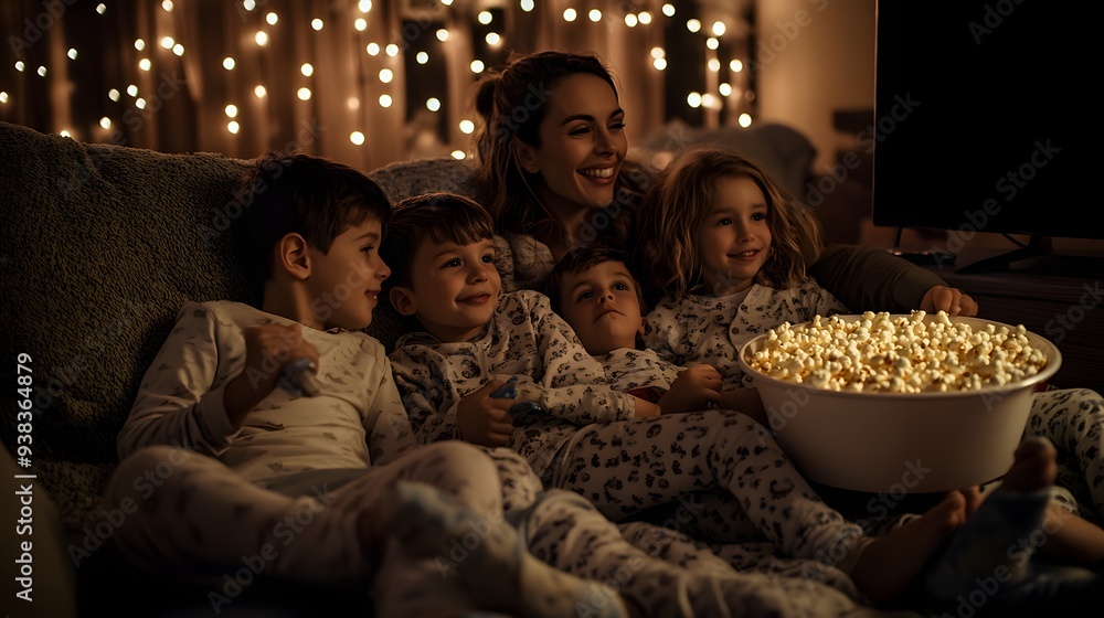 A cozy family night in, featuring a mother and her four children enjoying a movie together while snacking on popcorn amid soft, twinkling lights. A cozy family night in, featuring a mother and her four children enjoying a movie together while snacking on popcorn amid soft, twinkling lights.