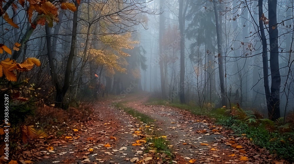A misty autumn morning in the forest  a serene pathway among towering trees and leaf laden ground