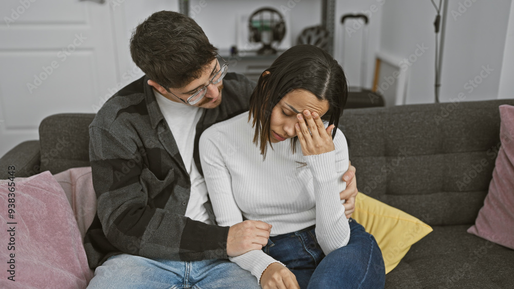 A concerned man comforts a distressed woman on a couch in a home setting, evoking themes of support and care. A concerned man comforts a distressed woman on a couch in a home setting, evoking themes of support and care.