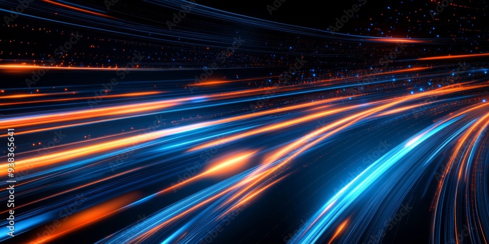 Dynamic Blue and Orange Light Streaks on Black Background Representing Fast Digital Data Transfer with Text Space Dynamic Blue and Orange Light Streaks on Black Background Representing Fast Digital Data Transfer with Text Space