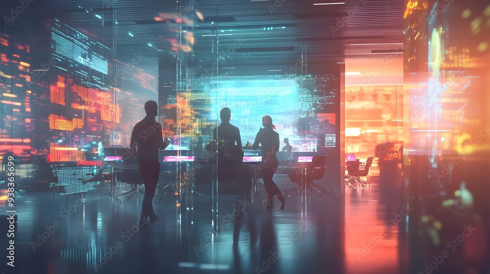 A futuristic office environment with silhouettes of professionals collaborating amidst vibrant digital displays and technology-inspired visuals. A futuristic office environment with silhouettes of professionals collaborating amidst vibrant digital displays and technology-inspired visuals.