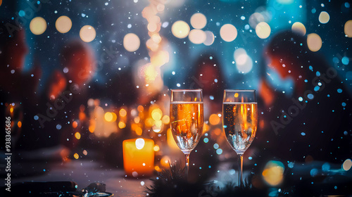 Champagne glasses on the table in a dark atmosphere. Silhouettes of people celebrating Christmas, New Year in a festive atmosphere. Cheers celebration