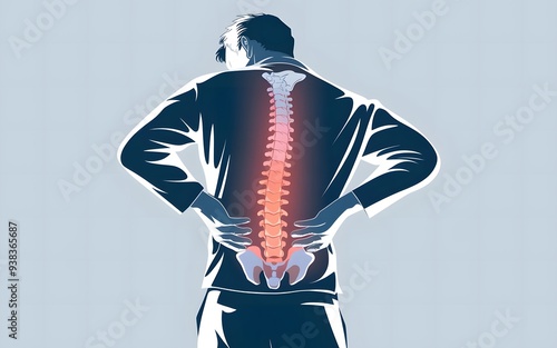 A photo of a man holding his lower back in pain. There is an illuminated spine overlay on the man's back.