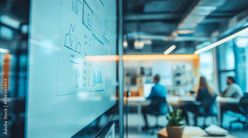 A modern office setting featuring a presentation display with graphs and charts, emphasizing teamwork and professionalism in a collaborative environment. A modern office setting featuring a presentation display with graphs and charts, emphasizing teamwork and professionalism in a collaborative environment.