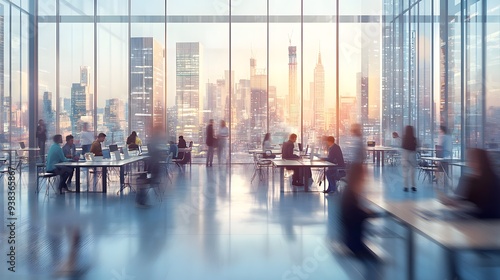 Wallpaper Mural A modern office space with a panoramic city view at sunset, featuring people engaged in work at stylish desks.  Torontodigital.ca