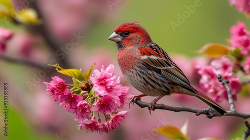 House Finch (Haemorhous mexicanus) perched on a blooming cherry tree in a suburban garden, with bright pink flowers and green grass in the background.. A vibrant bird perched on a blossoming cherry tr photo