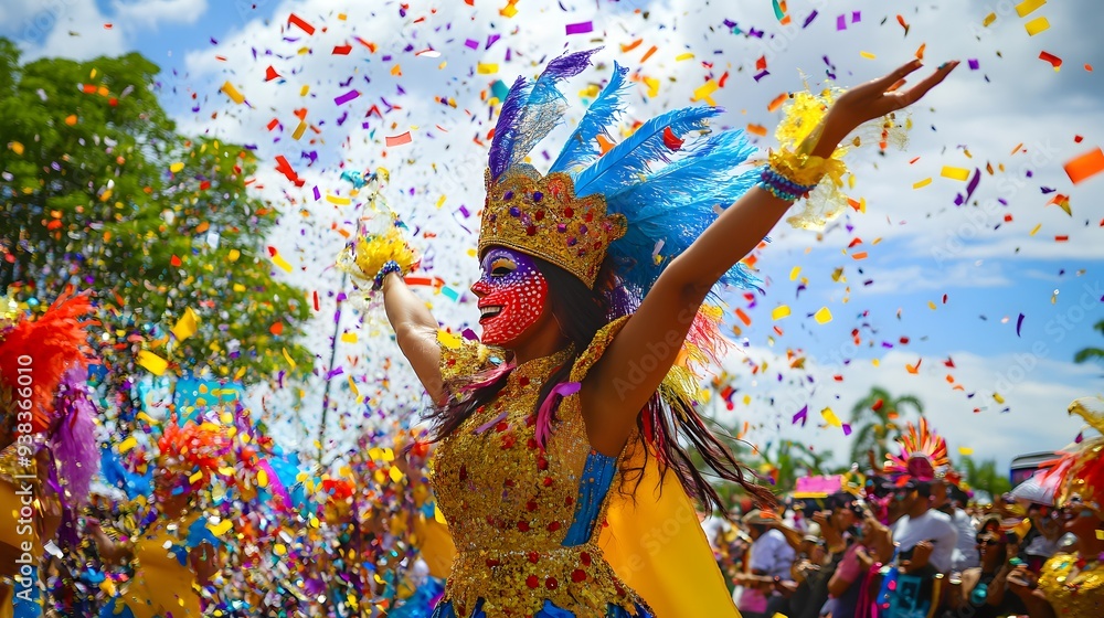 Obraz premium A colorful carnival performer adorned in vibrant costumes and face paint celebrates amidst a shower of confetti, creating a lively and festive atmosphere. 