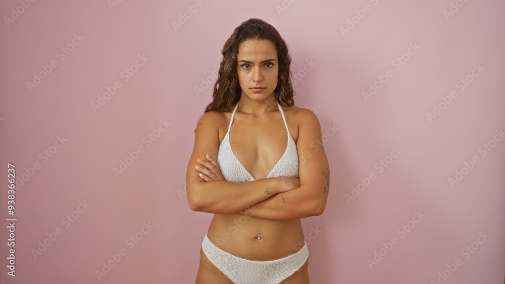 Fototapeta premium Young woman crossing arms over isolated pink background looking confident and determined.