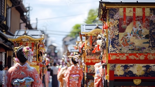 A vibrant street scene showcasing traditional Japanese floats adorned with intricate designs and individuals in colorful kimonos during a festive celebration, capturing the essence of cultural heritag photo