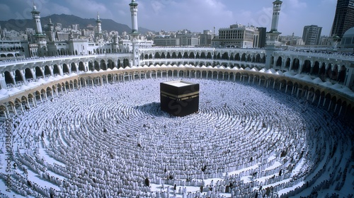 An aerial view of a large crowd of pilgrims in white garments circling the Kaaba at the Grand Mosque in Mecca, Saudi Arabia, during Hajj or Umrah.  photo