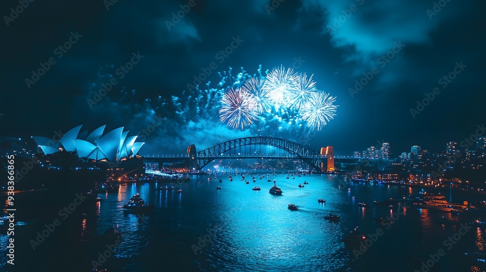 Obraz premium A breathtaking nighttime view of Sydney's iconic skyline featuring vibrant fireworks over the harbor, with the Sydney Opera House and Harbour Bridge illuminated against a stunning blue backdrop. 