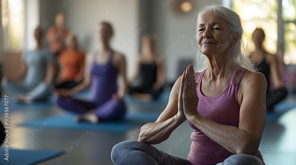 A serene older woman practices yoga in a group class, demonstrating mindfulness and tranquility in a bright studio setting. A serene older woman practices yoga in a group class, demonstrating mindfulness and tranquility in a bright studio setting.