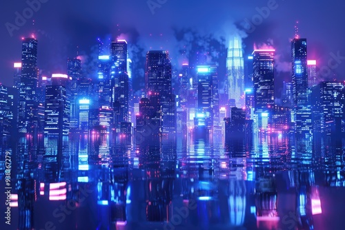 Wallpaper Mural Urban cityscape at night with neon lights reflecting on the water's surface Torontodigital.ca