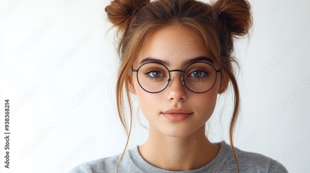 Fototapeta premium Portrait of Young Woman with Glasses and Two-Bun Hairstyle on White Background