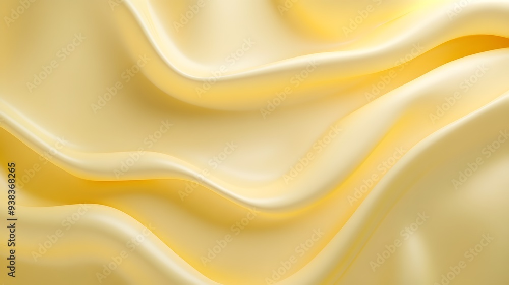 Fototapeta premium A close-up of smooth, flowing yellow satin fabric with elegant waves and soft lighting. 
