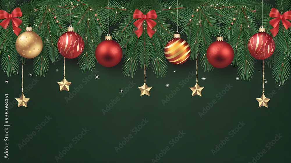 Naklejka premium Design a Christmas-themed banner with hanging golden ornaments, pine cones, gift boxes, and lush green pine needles against a dark green backdrop, giving a sense of holiday cheer.