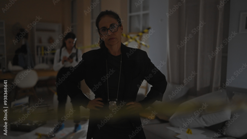 Two policewomen investigate a crime scene indoors, with evidence, a badge, and focused looks. Two policewomen investigate a crime scene indoors, with evidence, a badge, and focused looks.