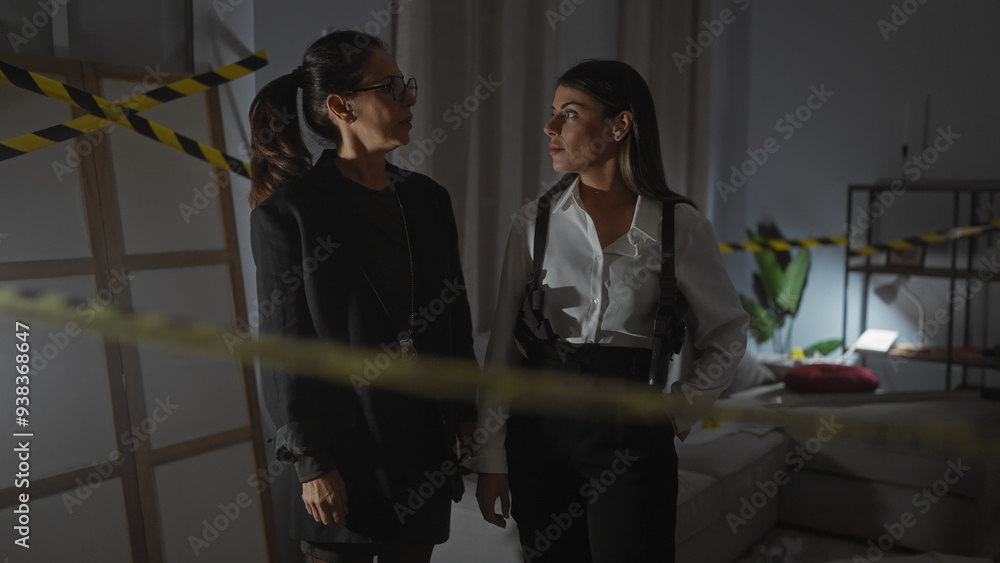 Two women detectives in conversation indoors at a dimly lit crime scene with caution tape. Two women detectives in conversation indoors at a dimly lit crime scene with caution tape.