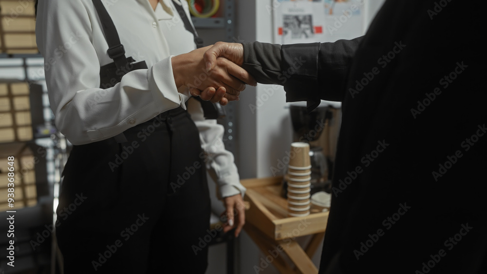 Two professionals in a handshake indoors, representing partnership and collaboration in a business environment. Two professionals in a handshake indoors, representing partnership and collaboration in a business environment.