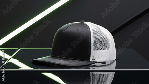 Trucker Cap with Black Front and White Mesh Back on a Reflective Dark Surface with Neon Green Accents, trucker hat with white and black mesh, Ai generated Images photo