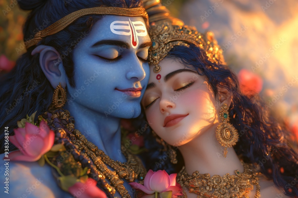 Radha and Lord Krishna with on sunrise. Krishna Janmashtami, Govardhan Puja. Hindu god and goddess. Symbol of divine love. Indian culture and religious concept Radha and Lord Krishna with on sunrise. Krishna Janmashtami, Govardhan Puja. Hindu god and goddess. Symbol of divine love. Indian culture and religious concept