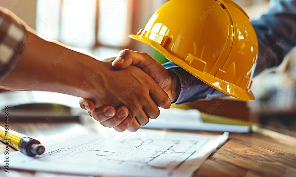 Two construction workers shake hands over blueprints with a hard hat in the background Two construction workers shake hands over blueprints with a hard hat in the background