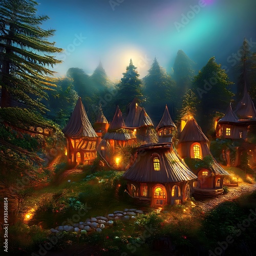 Whimsical Houses In Glowing Forest Village Illustration photo