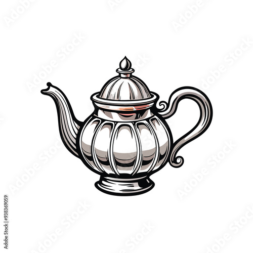 A detailed illustration of a silver teapot with a curved spout and handle.