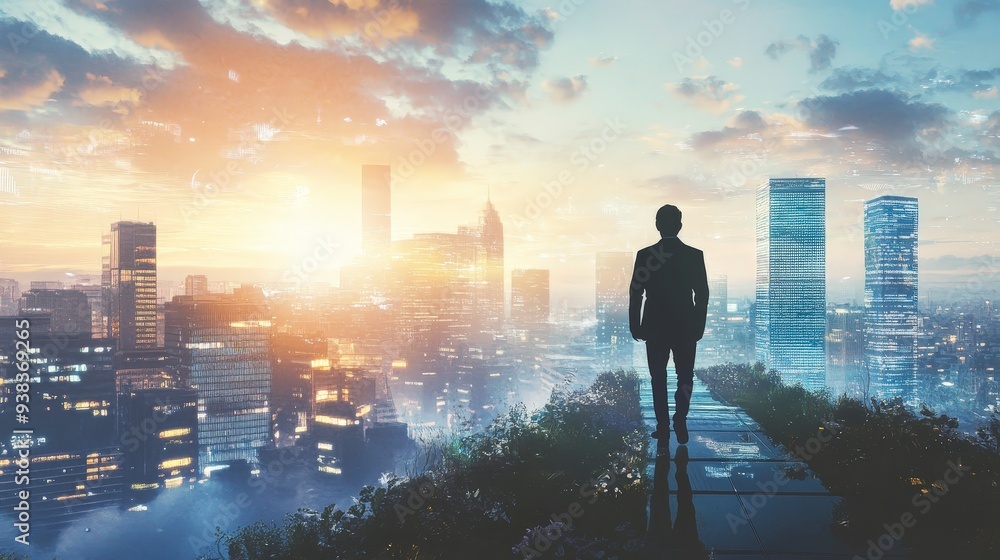 Silhouette of a businessman standing on a rooftop overlooking a futuristic city at dusk. Silhouette of a businessman standing on a rooftop overlooking a futuristic city at dusk.