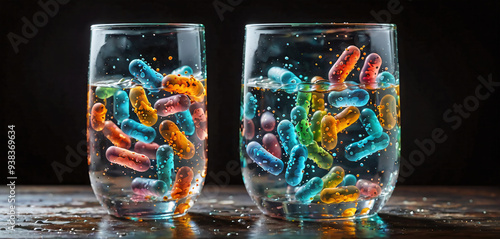 Illustrative representation of drinking water contaminated with bacteria and pathogens in a drinking glass photo