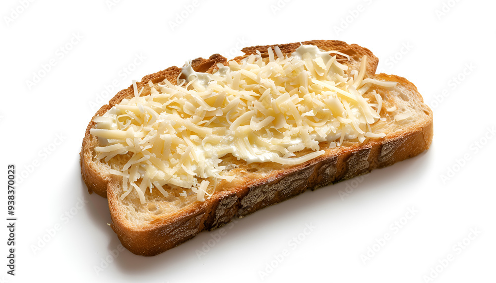 Slice of bread with cream cheese isolated on white background, toast with melted cheese, top view Slice of bread with cream cheese isolated on white background, toast with melted cheese, top view