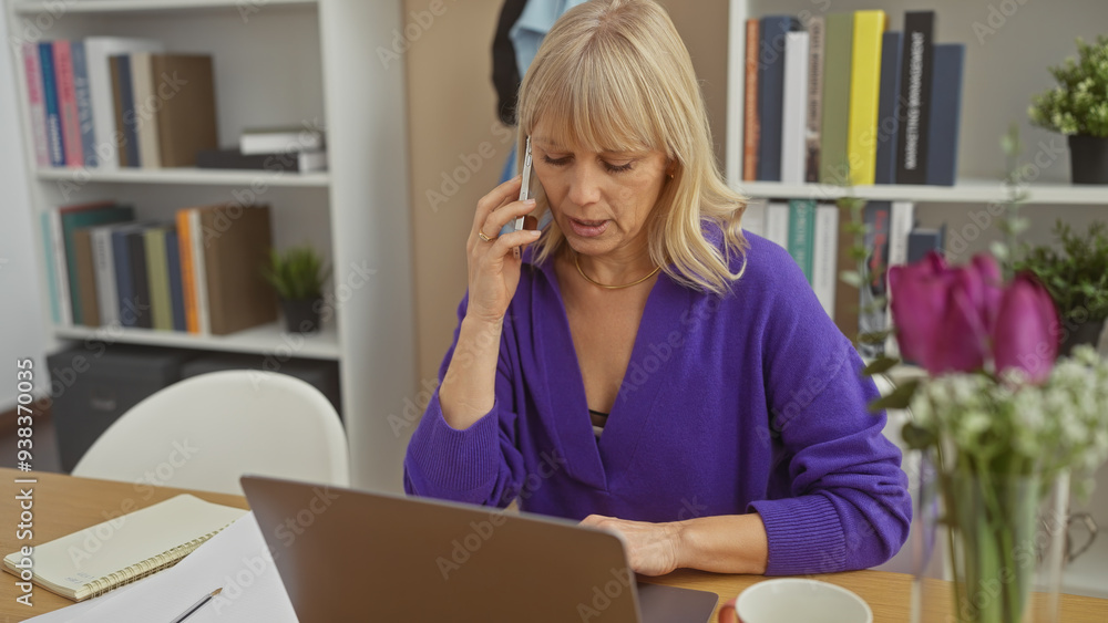 A focused blonde woman converses on a smartphone in a modern home office setting with a laptop and flowers. A focused blonde woman converses on a smartphone in a modern home office setting with a laptop and flowers.