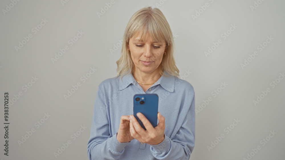Mature blonde woman in casual clothing using a smartphone against a white background, embodying communication and simplicity. Mature blonde woman in casual clothing using a smartphone against a white background, embodying communication and simplicity.