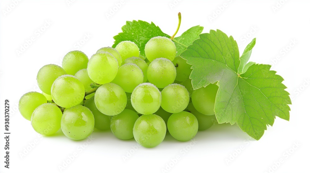 A bunch of fresh green grapes with water droplets and a single leaf, isolated on a white background. A bunch of fresh green grapes with water droplets and a single leaf, isolated on a white background.