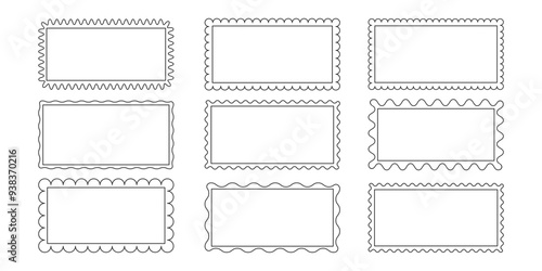 Set of Rectangle frames with zigzag wavy edge. Rectangular curved line shapes. Retro empty frame border. Simple Text box, tag stamp label sticker element for design. Vector illustration