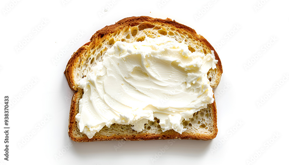 Slice of bread with cream cheese isolated on white background, toast with melted cheese, top view Slice of bread with cream cheese isolated on white background, toast with melted cheese, top view