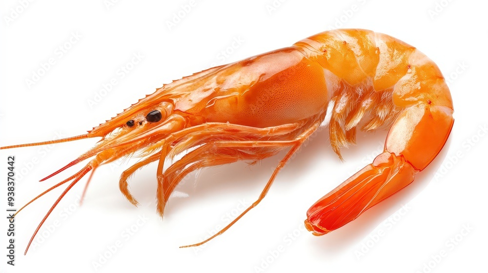 A single cooked shrimp isolated on a white background. A single cooked shrimp isolated on a white background.