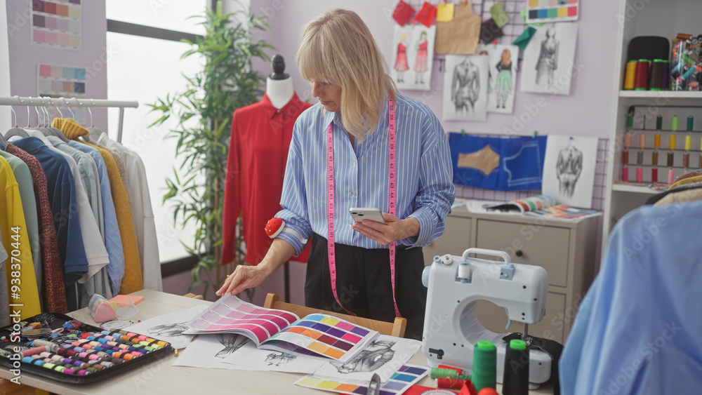 A blonde woman using a smartphone in a colorful atelier surrounded by fashion sketches, fabrics, and a sewing machine. A blonde woman using a smartphone in a colorful atelier surrounded by fashion sketches, fabrics, and a sewing machine.