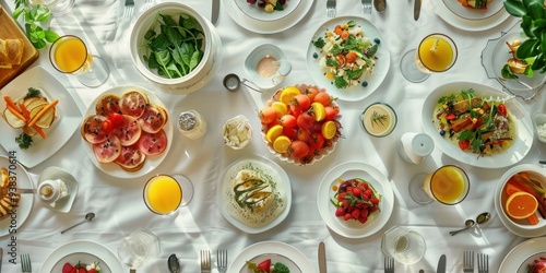 A vibrant spread of hedonistic breakfast delicacies featuring fresh fruits, salads, and refreshing juices laid out on a beautifully arranged table photo