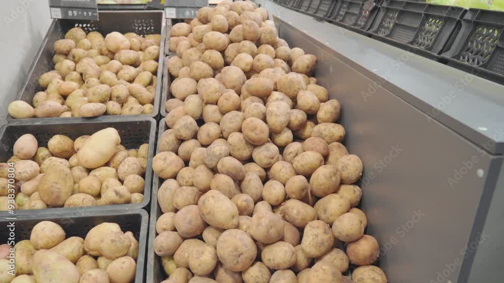 Large pile of fresh potatoes in a grocery store produce section during mid-afternoon shopping hours Large pile of fresh potatoes in a grocery store produce section during mid-afternoon shopping hours