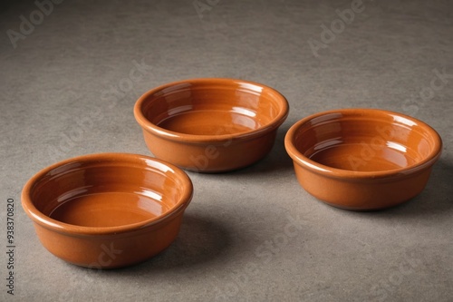 Photo of three round, terracotta-colored ceramic dishes, commonly used for serving or baking small portions photo