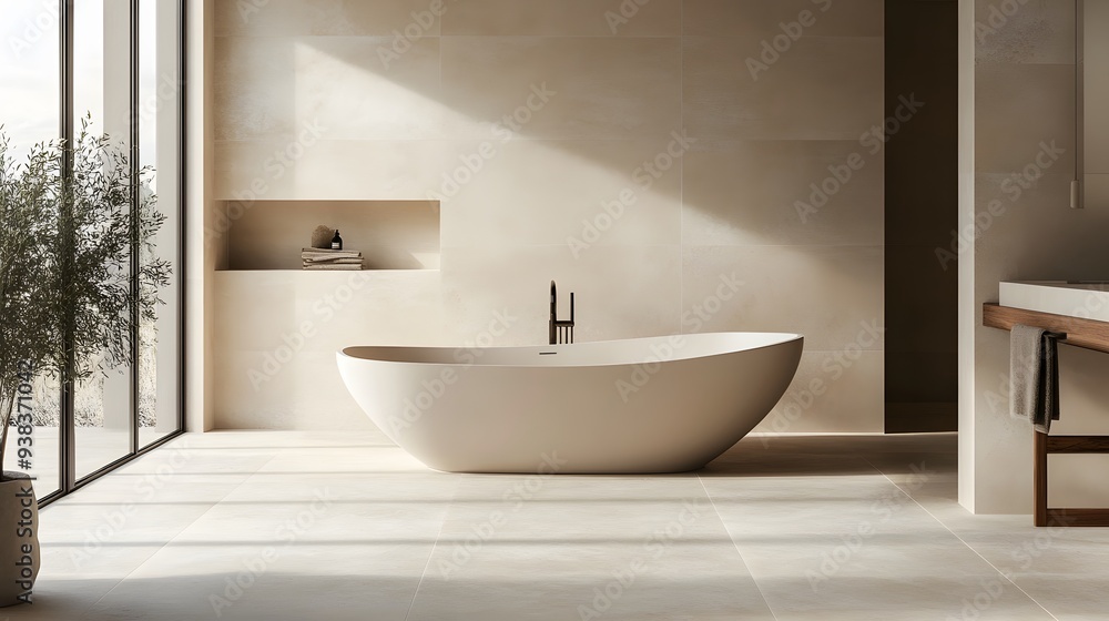 A spacious minimalist bathroom with large floor tiles, a freestanding bathtub, and a simple wall-mounted faucet, all in a neutral color palette A spacious minimalist bathroom with large floor tiles, a freestanding bathtub, and a simple wall-mounted faucet, all in a neutral color palette