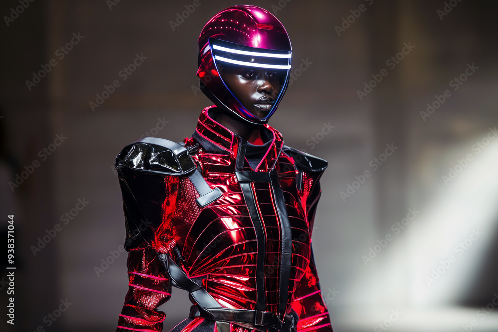 Model walking the runway in a bold, experimental outfit with futuristic elements. Model walking the runway in a bold, experimental outfit with futuristic elements.