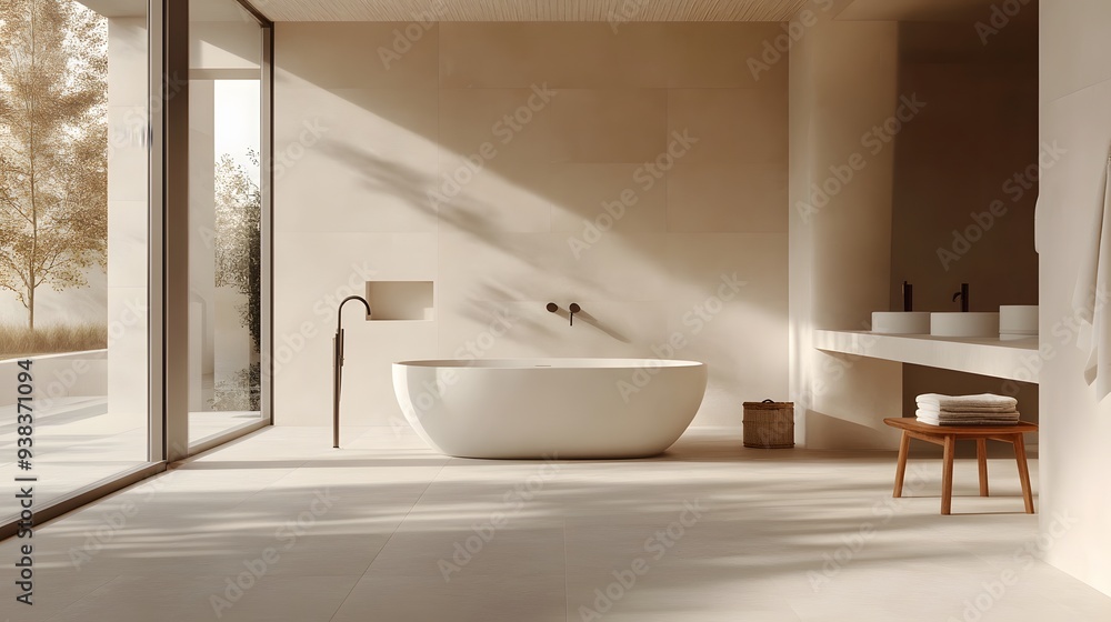A spacious minimalist bathroom with large floor tiles, a freestanding bathtub, and a simple wall-mounted faucet, all in a neutral color palette A spacious minimalist bathroom with large floor tiles, a freestanding bathtub, and a simple wall-mounted faucet, all in a neutral color palette