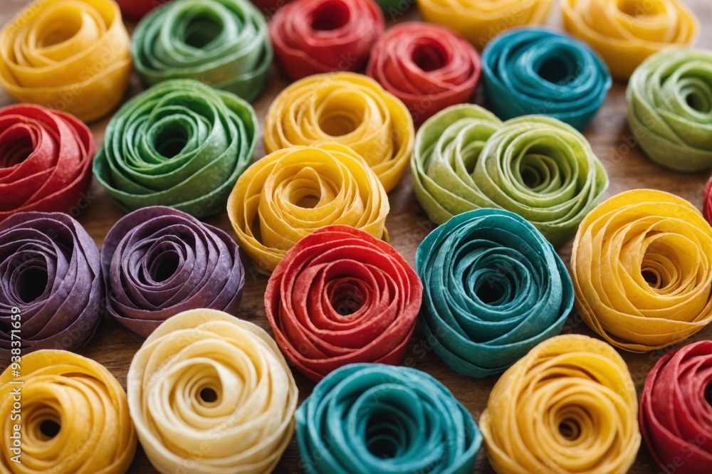Colorful homemade pasta nests arranged in a row, ideal for Mediterranean cuisine concepts and Italian food celebrations Colorful homemade pasta nests arranged in a row, ideal for Mediterranean cuisine concepts and Italian food celebrations