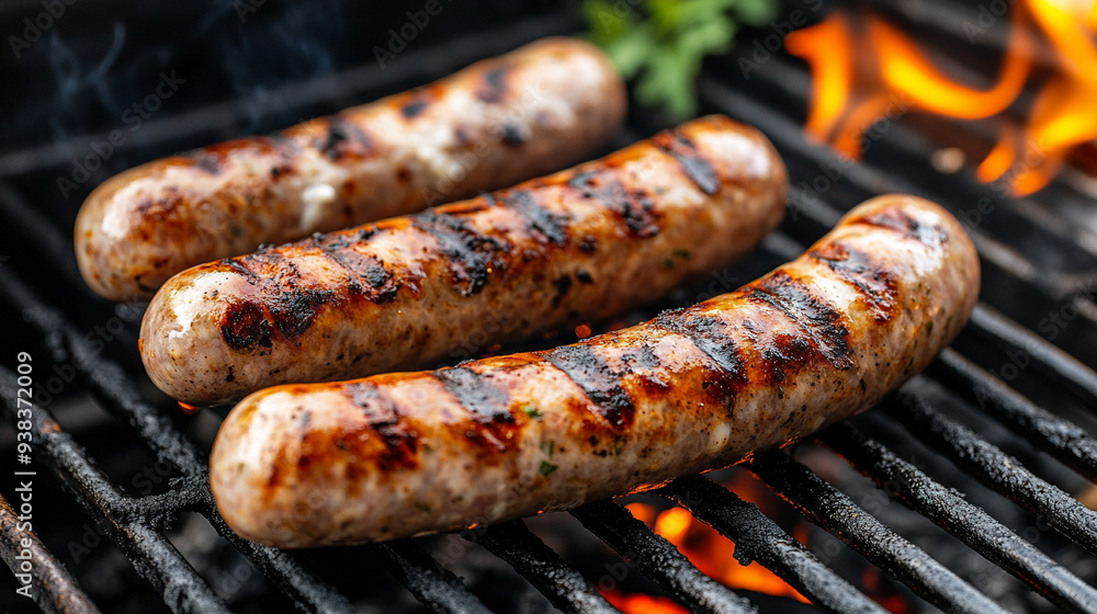 Hot, tasty grilled sausages sizzling on a charcoal grill with smoke rising, evoking a sense of warmth, outdoor cooking, and the rich, savory aroma of perfectly cooked meat Hot, tasty grilled sausages sizzling on a charcoal grill with smoke rising, evoking a sense of warmth, outdoor cooking, and the rich, savory aroma of perfectly cooked meat