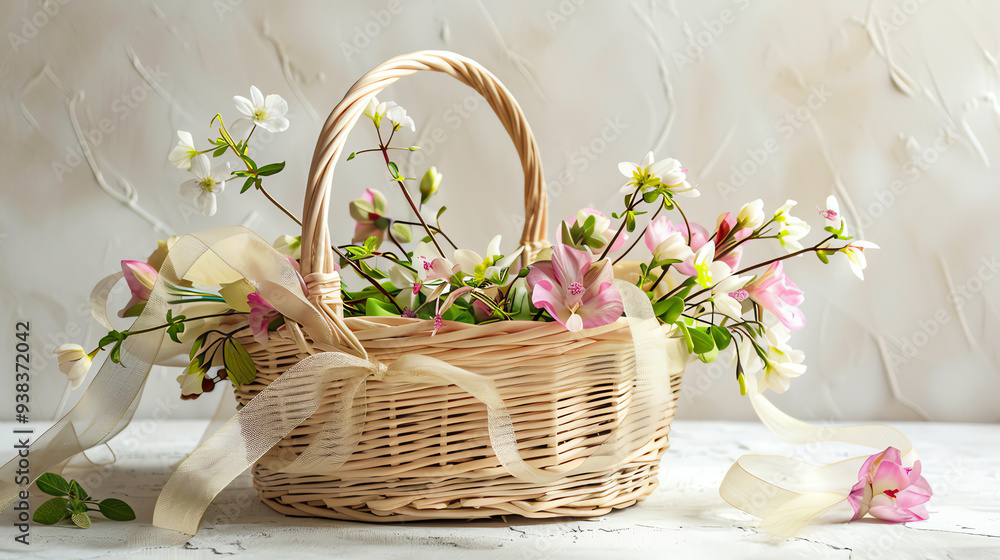 A light beige wicker basket filled with delicate pink and white flowers A light beige wicker basket filled with delicate pink and white flowers